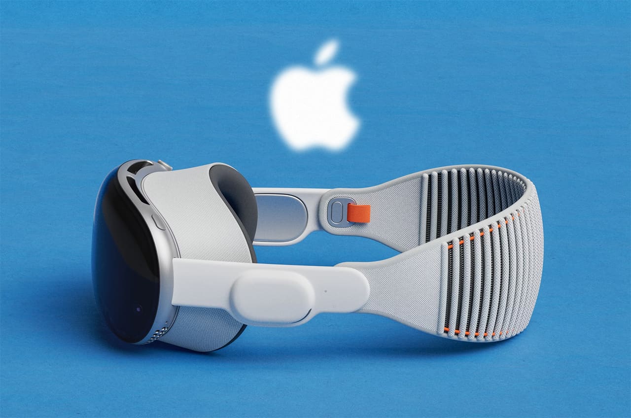 Apple Vision Headset against a pwder blue background with a white apple logo