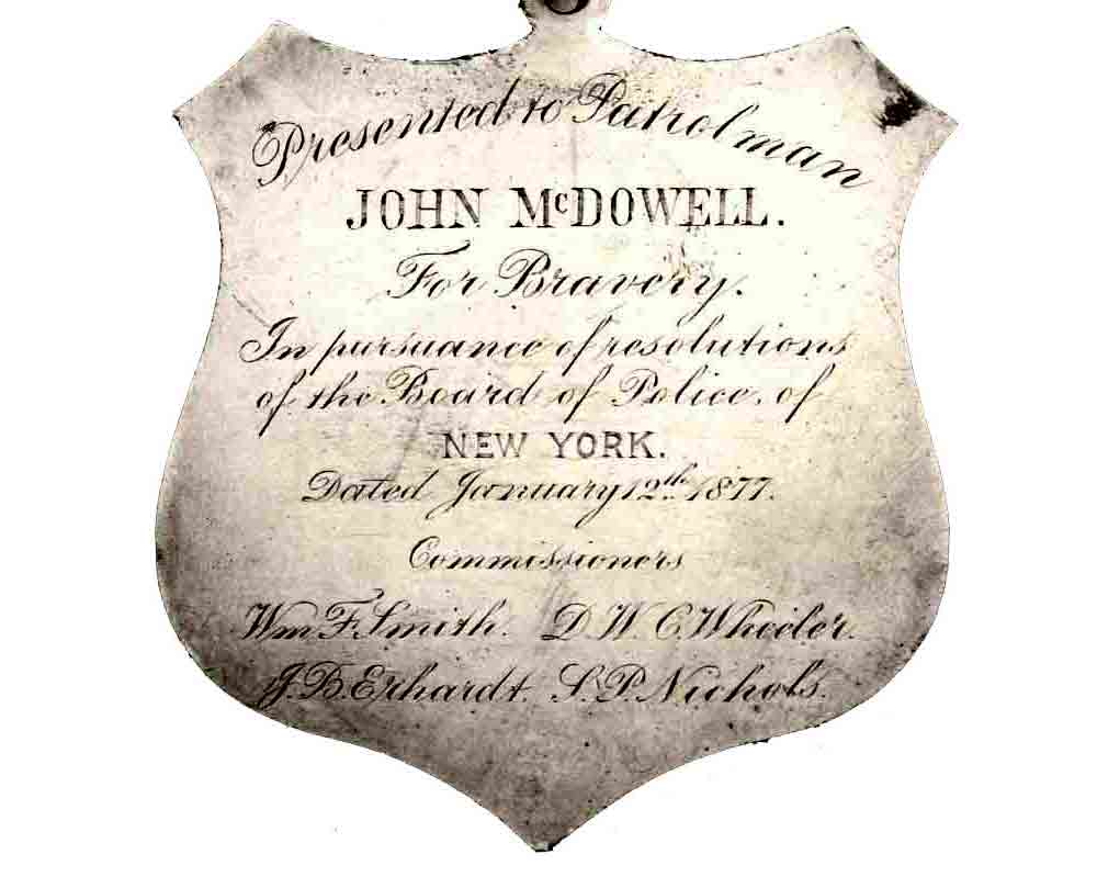 1877 NYPD Medal of Valor for John McDowell Back