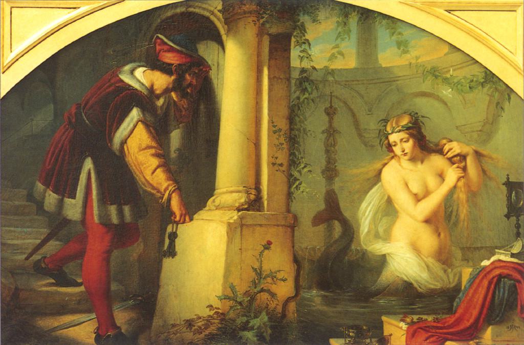 Raymond of Poitiers spies Melusine in the bath.